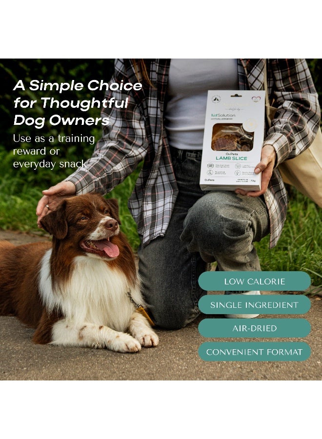 O2Pets Dog and Puppy Lamb Slice Hypoallergenic Treats – 100% Lamb Single Ingredient Snack – Healthy Choice for Sensitive Digestion, Food Sensitivities & Skin Support, High-Value Training Reward 70g - Image 4